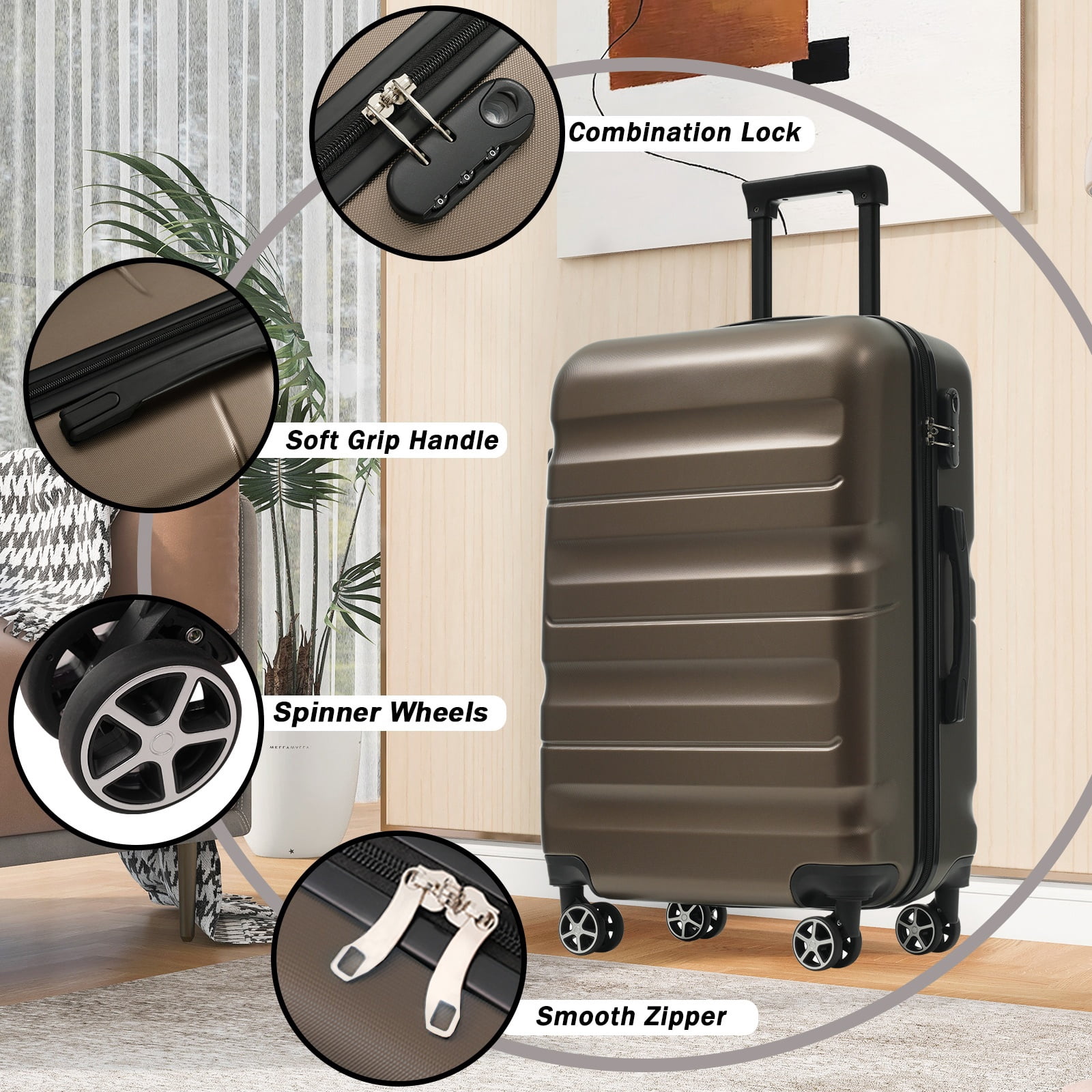 Hardshell ABS Luggage Set, 24-Inch Checked Suitcase with Spinner Wheels, Lightweight Travel Luggage with 2 Packing Cubes for Men & Women