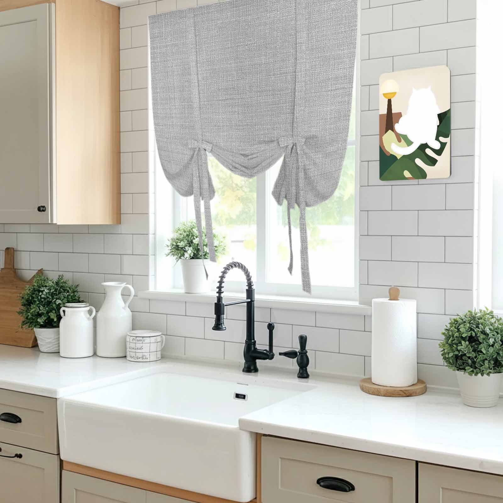 Vintage Linen Tie Up Curtain 45 Inches Long, Pastoral Grey Linen Texture Farmhouse Balloon Style Kitchen Window Curtain Over Sink, Small Window Rod Pocket Curtain 42"x45"