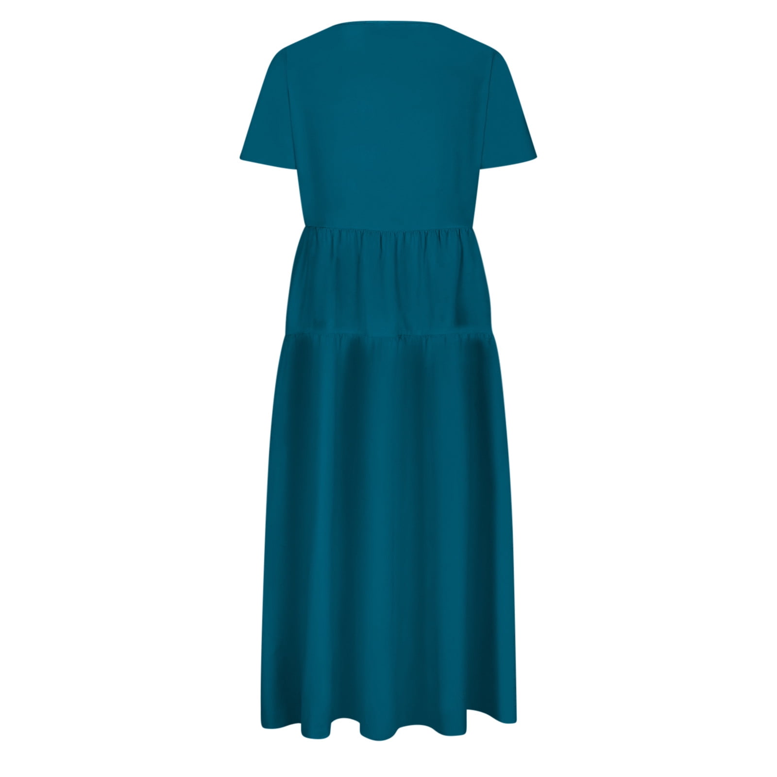Hueook Casual Dresses for Women Women's Flower Solid Color Casual Short Sleeve Crewneck Dress Casual Flowy Tiered Maxi Beach Dress Dark Blue M