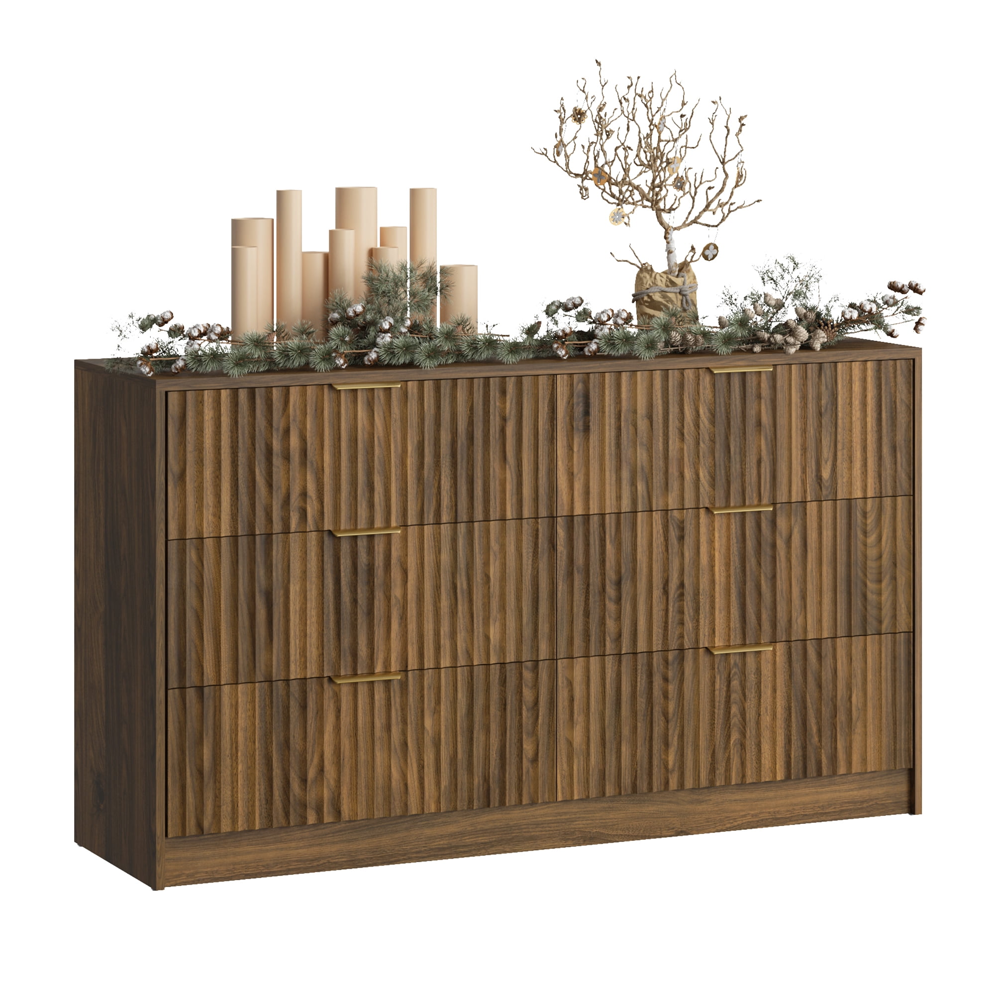 YouTrend 6 Drawer Dresser for Bedroom,55.1"Width Fluted Wood Chest of Drawer with Golden Embedded Handles for Living Room,Brown
