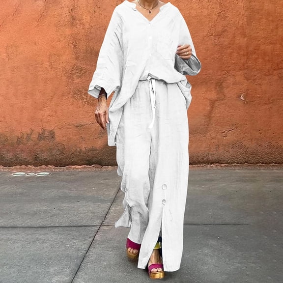 LEKWK Linen Sets for Women 2 Piece V Neck Long Sleeve Button Down Tops and Drawstring Slit Wide Leg Pants Fashion Casual Travel Beach Resort Sets