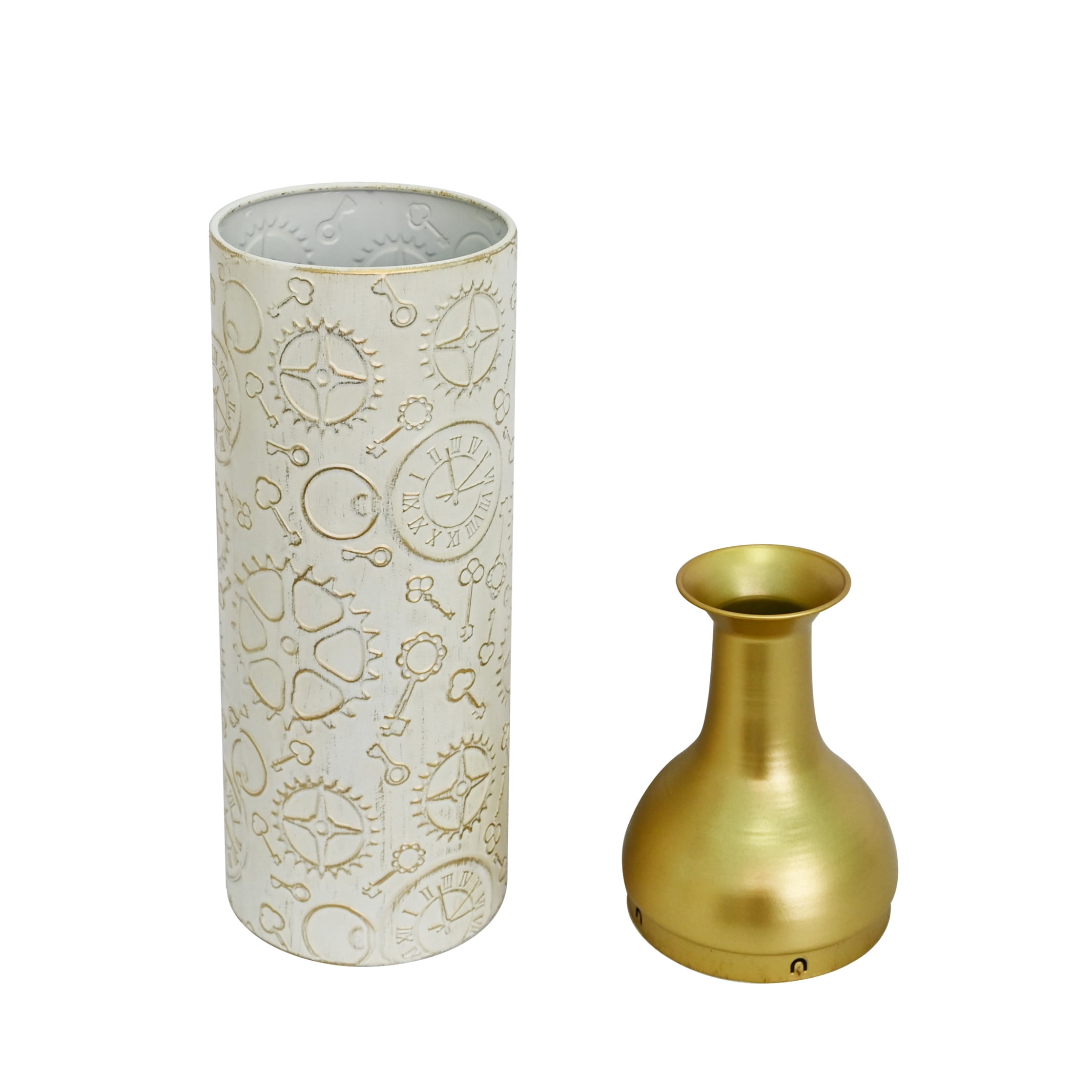 Noble House Set of 3 Decorative Metal Floor Vases, Clockwork Pattern Tall Vases, Antique White+Gold