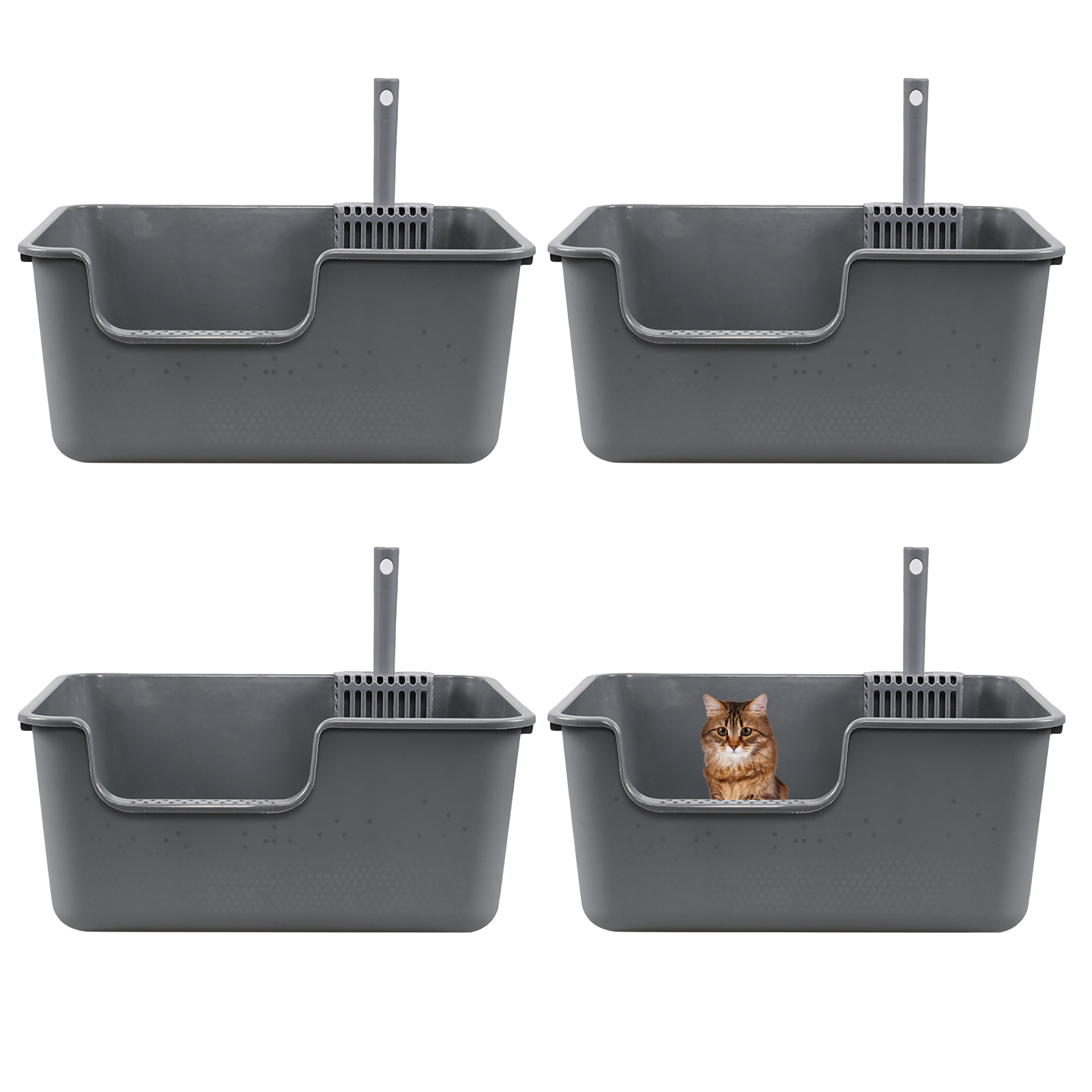 Kekow 4-Pack Anti-Splashing Kitty Litter Box with Scoop, Plastic Open High Sided Cat Litter Box, Gray