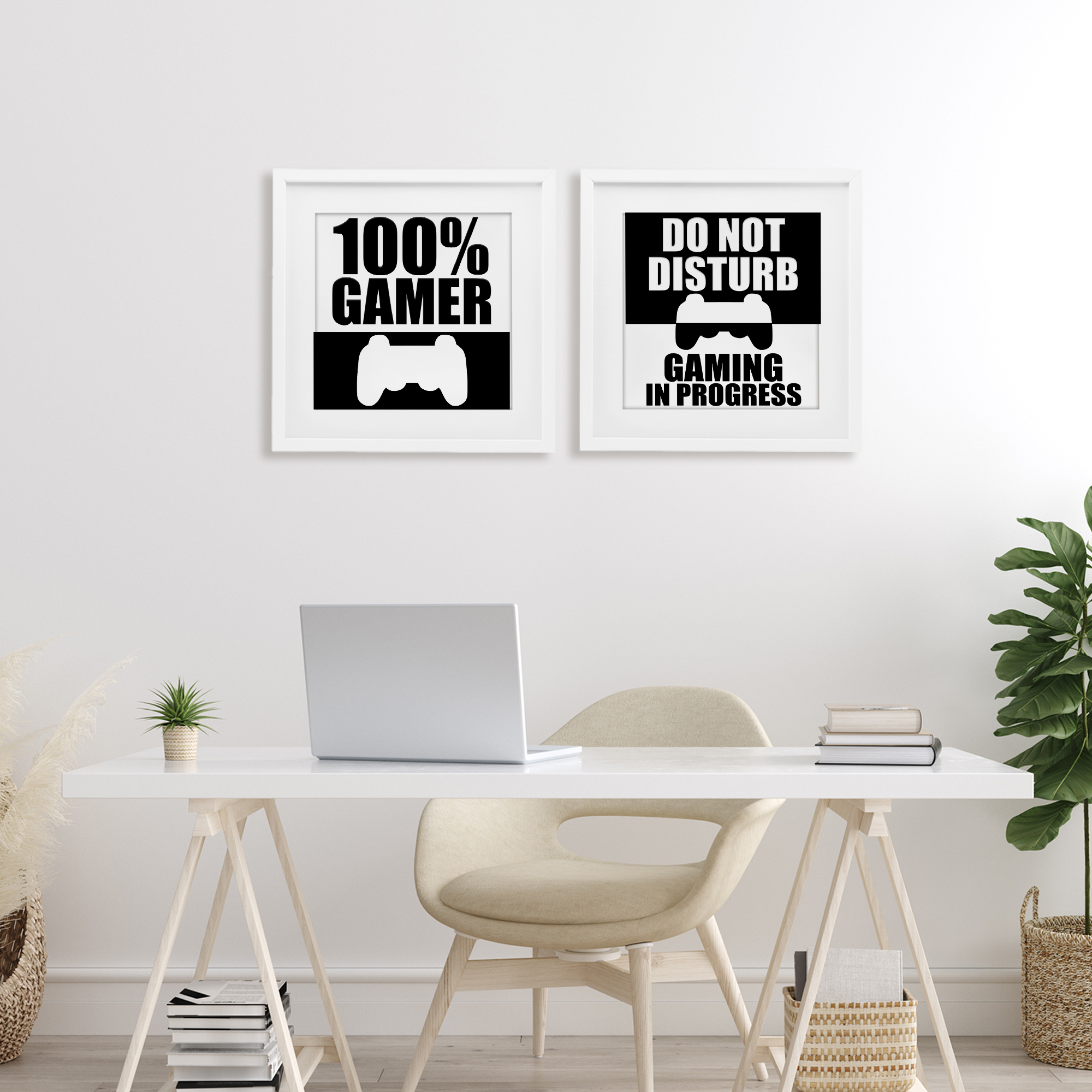 Competitive Gamer Black & White 2 Piece White Framed Print Under Glass Set, design by Kim Allen