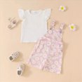 thumbnail image 5 of kaprioy Toddler Baby Girls Summer Outfits 12 18 24 Months 2T 3T 4T 5T Solid Color Ribbed Short Sleeve T-Shirt with Daisy Printed Overall Shorts 2 Pcs Suspenders Suit, 5 of 5