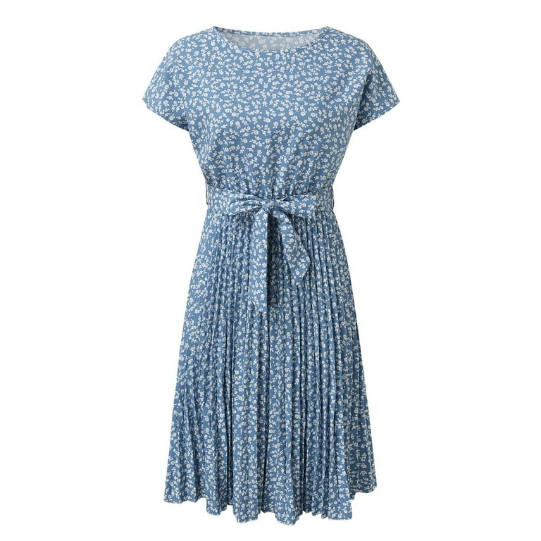 petite midi dress summer JAKANYQ Womens Dress Summer Midi Dress Small Petite Floral Print Short  Sleeve Temperament High Waist Pleated Swing Dresses With Belt Female Soft  Vacation Swing Flowy Bohemian Chic Dailywear