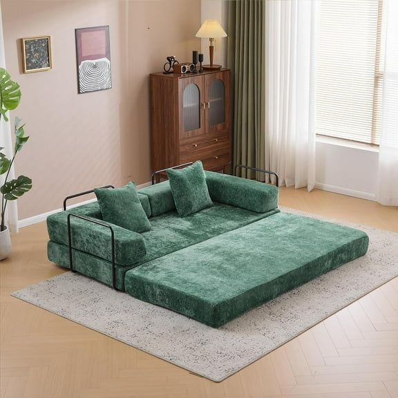 Sofa Bed 4-in-1 Folding Convertible, 77 Inch Loveseat Sleeper with Pull Out Bed, Oversized Chenille Upholstered Boneless Couch, Floor Sofa Modular for Living Room Bedroom Lounge, Green