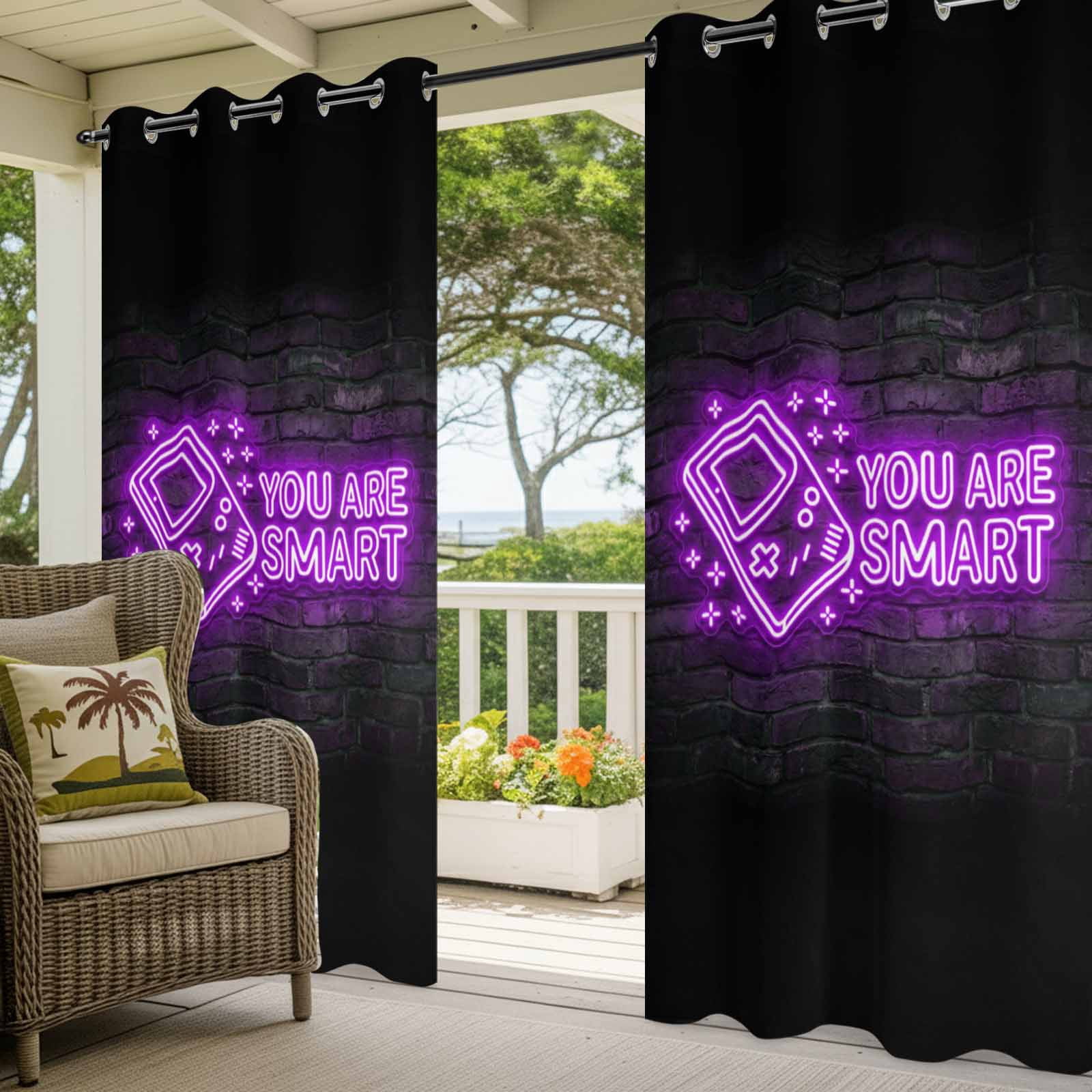 Art Gaming Icons Outdoor Curtains for Patio, Multi Panel Neon Letter Yellow You Are Smart Sunshade Privacy Drapes Grommet Waterproof Outside Curtains for Porch/Cabana/Balcony 54"x 108", 1 Panel