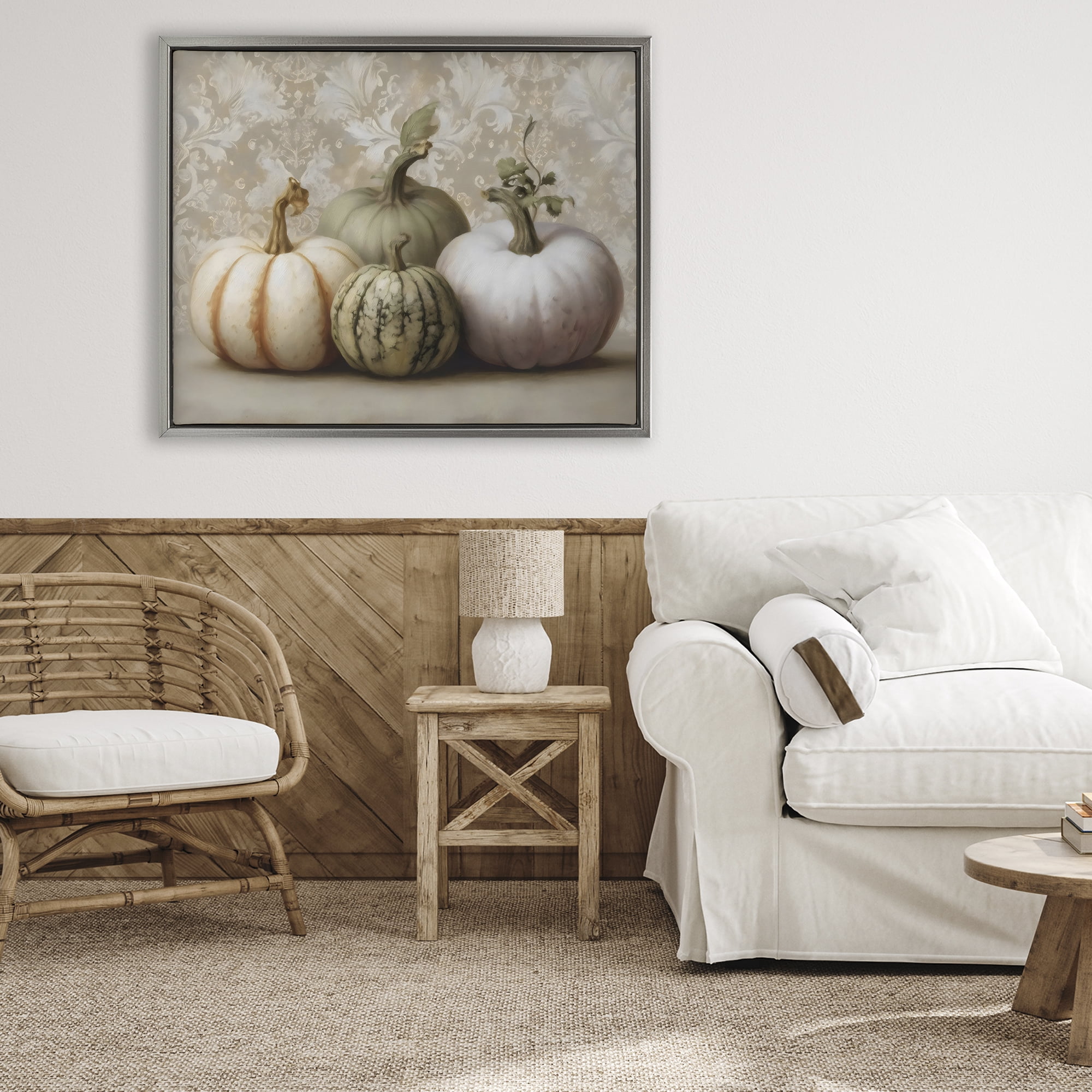 Stupell Industries Pastel Gourds on Vintage Pattern Gray Framed Floater Canvas Wall Art, design by Arlington Prints