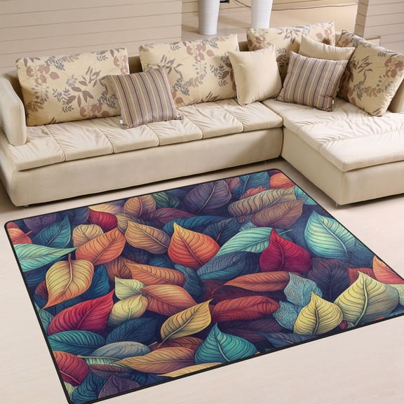 Yayeee Area Rugs for Living Room 5.2'x4' Non Slip Washable Bedroom Floor Carpet, Blue Vibrant Leaves Pattern