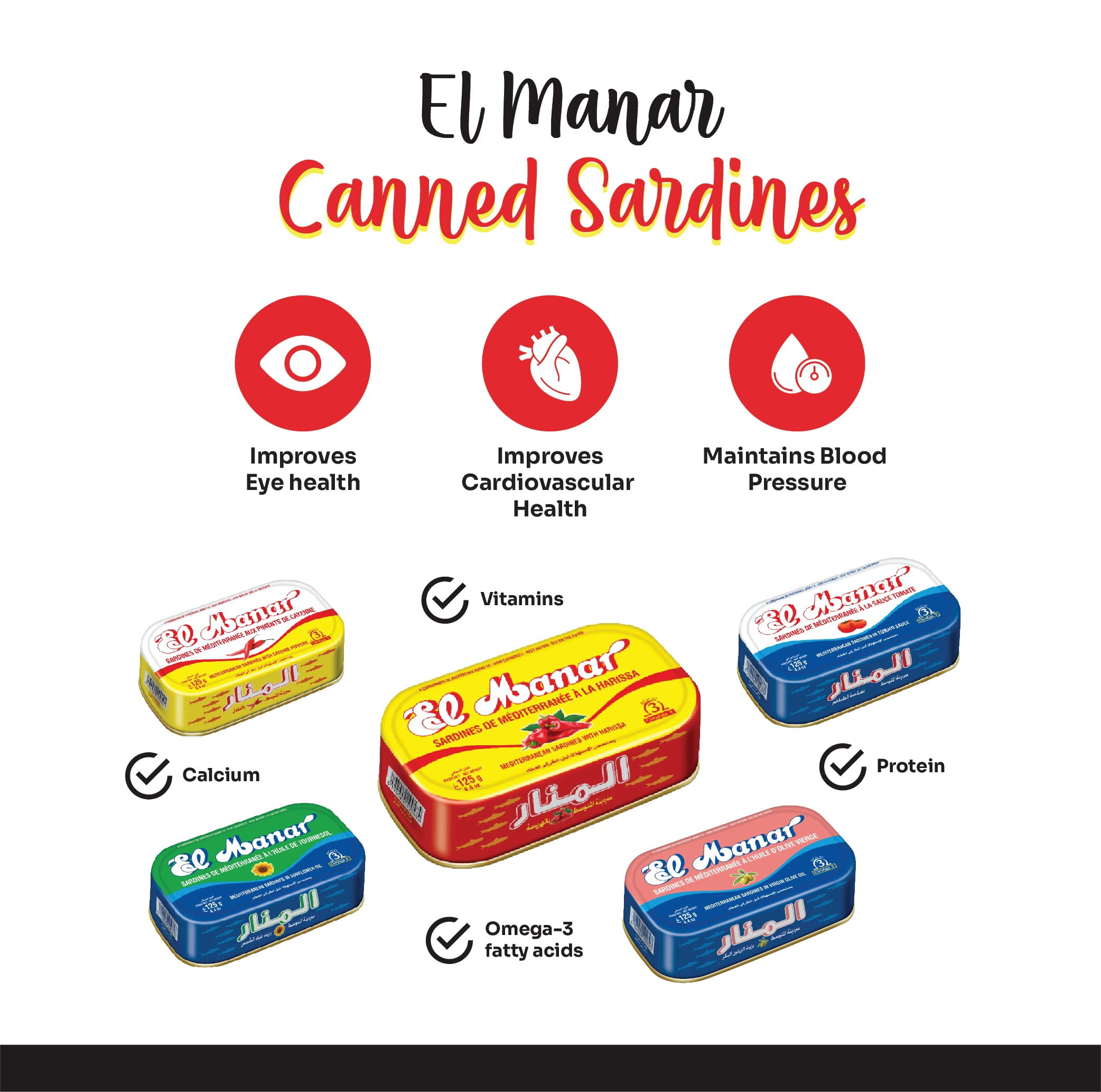 Canned Sardines Tomato Sauce - Canned Mediterranean Sardines without Heads from El Manar - 12-Pack of 125g Cans (Tomato Sauce)