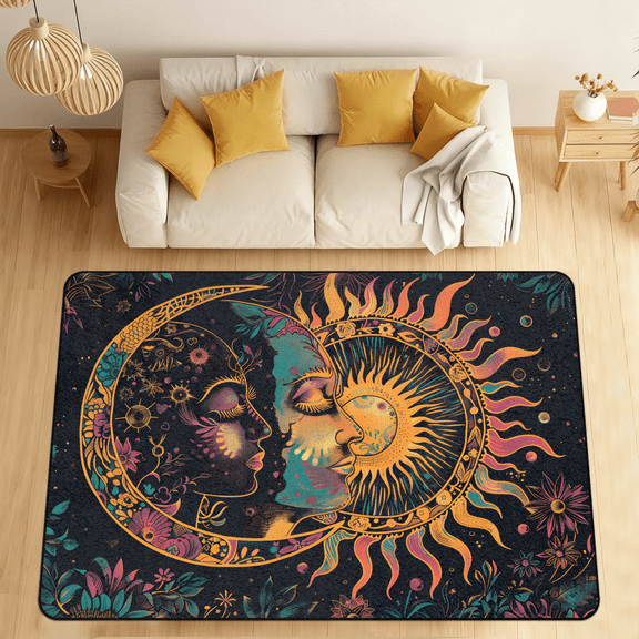 CURLYOOT Abstract Moon And Sun Flower Boho Area Rugs for Living Room Bedroom, 4' 10" x 6' 8" Washable Rug, Floor Carpet with Non Slip Backing for Dining Room Indoor