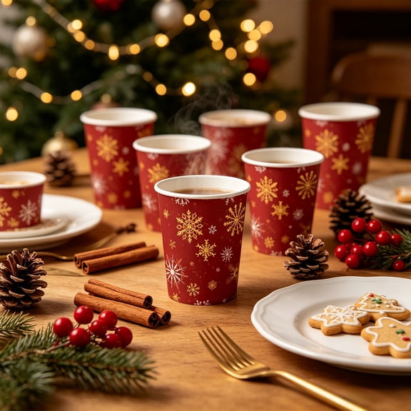 Christmas Disposable Paper Cups 10 Pack, Snowflake Printed Holiday Drink Cups for Party Table Decor