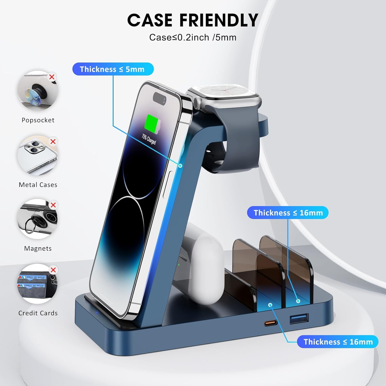 ETEPEHI Wireless Charger Compatible for iPhone - 5 in 1 Charging Station for Multiple Devices,Blue