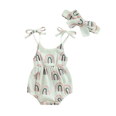

Infant Baby Girl Clothes Rainbow Print Summer Romper and Stretch Headband Outfits