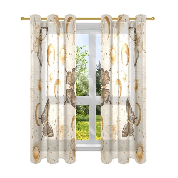 Window Curtain Panels Cotton Linen Decorative Curtains - Symmetrical Butterfly Pattern Window Shade Backdrops for Home Office Sunroom Country House
