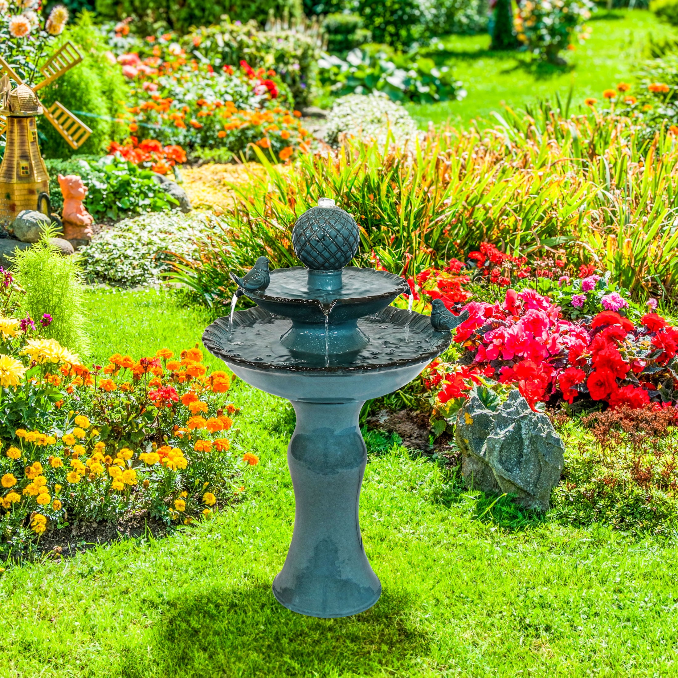 Sunnydaze Resting Birds Contemporary Blue Ceramic 2-Tiered Outdoor Water Fountain