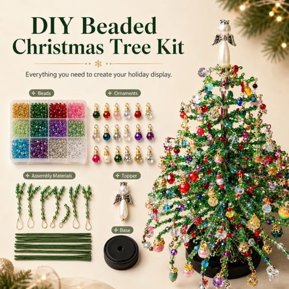 DIY Beaded Christmas Tree Kit with Angel Topper, Handmade Holiday Decor Craft Set for Adults Kids Mantel Shelf Display