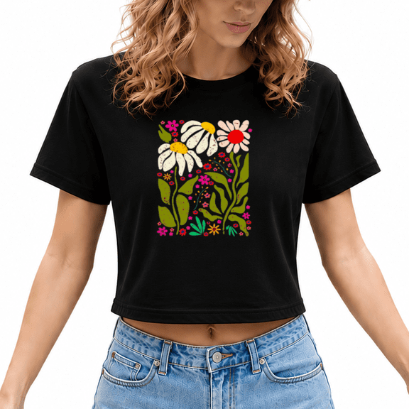 UNISHE Women's Groovy Retro Floral Graphic Crop Tops Crew Neck Short Sleeve Tees Trendy Summer Fun Daisy Art Print Shirts