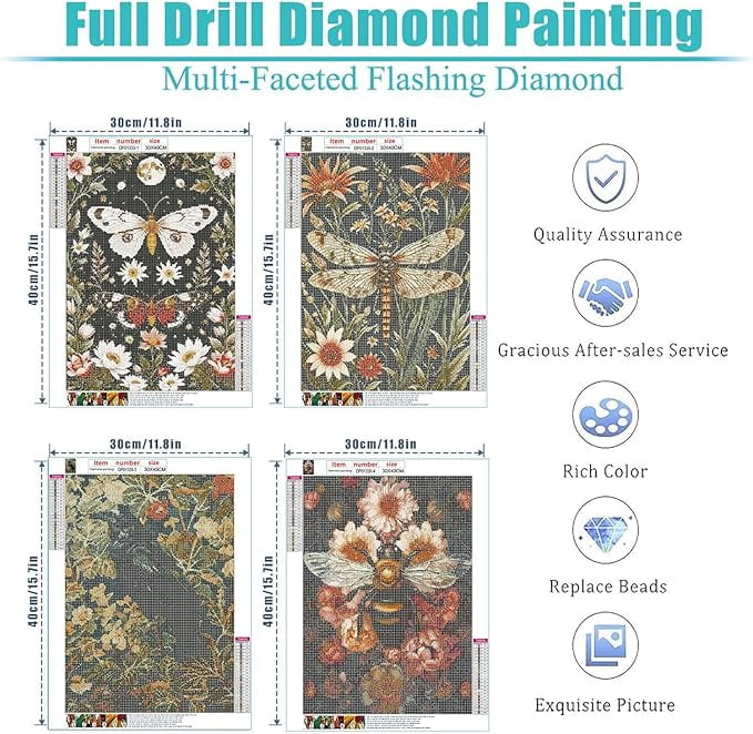 Diamond Painting Kits for Adults - 4 Pack Dragonflies, Butterfly, Bees, Bird DIY 5D Diamond Art Kits Full Drill Diamond Dots Paintings with Diamonds Gem Art and Crafts Home Decor