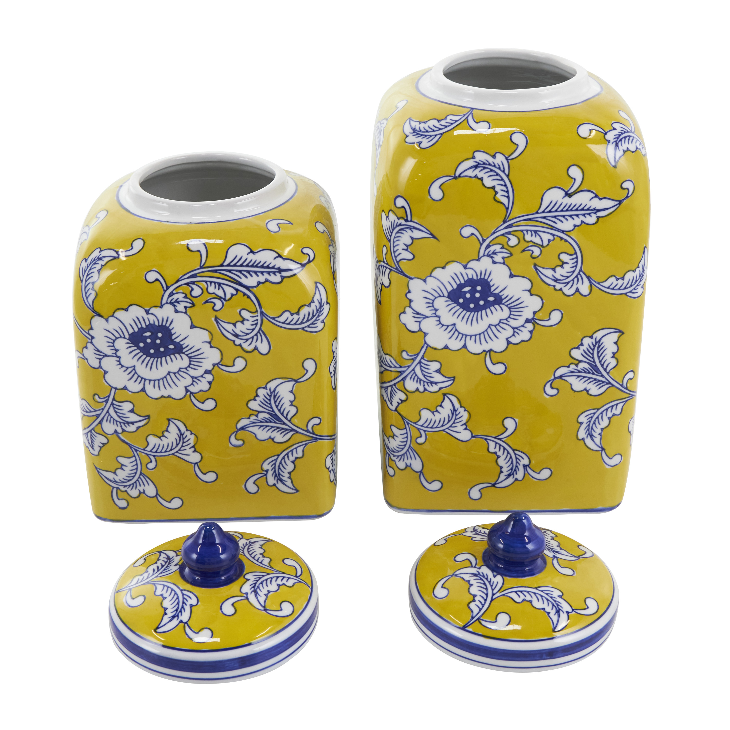 DecMode 10", 12"H Yellow Ceramic Floral Decorative Jars with Blue and White Accents, 2-Pieces