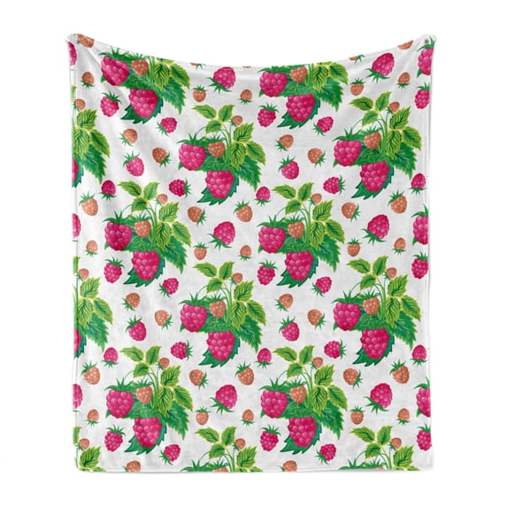 Fruit Soft Flannel Fleece Throw Blanket, Spring Botanical Art Raspberries with Green Leaves, Cozy Plush for Indoor and Outdoor Use, 70" x 90", Green Magenta, by Ambesonne