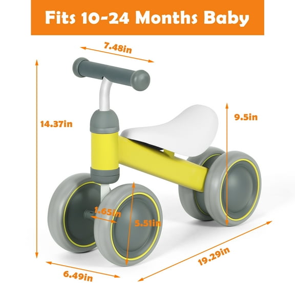 Balance Bike, Toddlers, 4 Wheels Baby Walker for Pedal Free, Riding Toys for Boys & Girls, Best First Birthday Gift for Kids Yellow