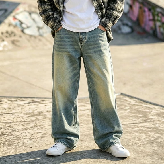 ITSAME Teen Boys Wide Leg Jeans Elastic Waist Loose Fit Casual Fashion Denim Pants with Pockets Blue Size 16