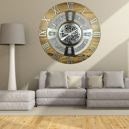 THE GEARS CLOCK Wall Clock with Real Moving Gears EN-LI_ 36 in Round Wood-Stone