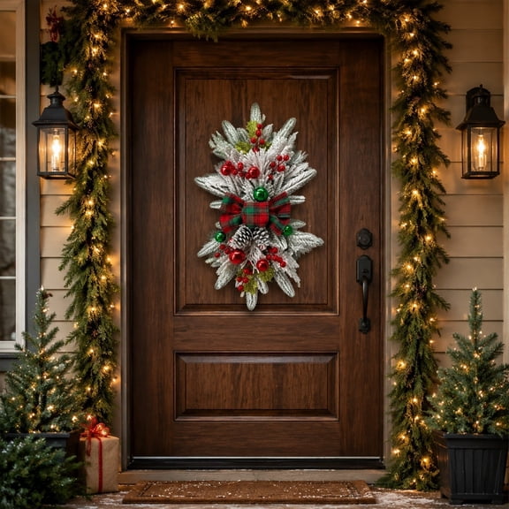 Voglyf Flocked Christmas Teardrop Wreath 17.7X9.8In, Snowy Pine Door Hanger with Tartan Plaid Bow Red Berries Baubles Pine Cones Holly, Farmhouse Front Door Wall Window Xmas Holiday Decor