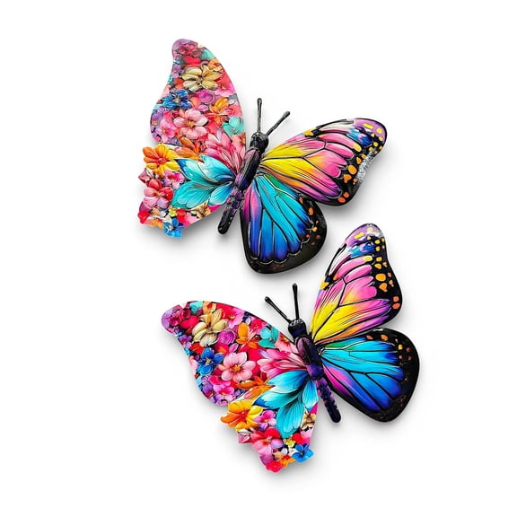 S/2 Large Metal Butterfly Wall Décor 16" x 13" Colorful Floral Garden Wall Art for Indoor And Covered Outdoor Patio Porch Pergola Kids Room Party Decoration Home Wall Accent