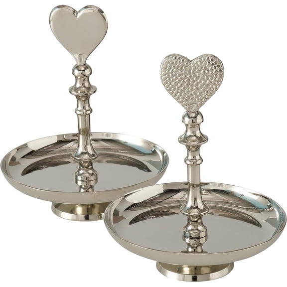Heart Handle Serving Trays, Set of 2, Handmade, Single Tier, Polished Silver Finish, Circular, Aluminum, 8.25 Inches