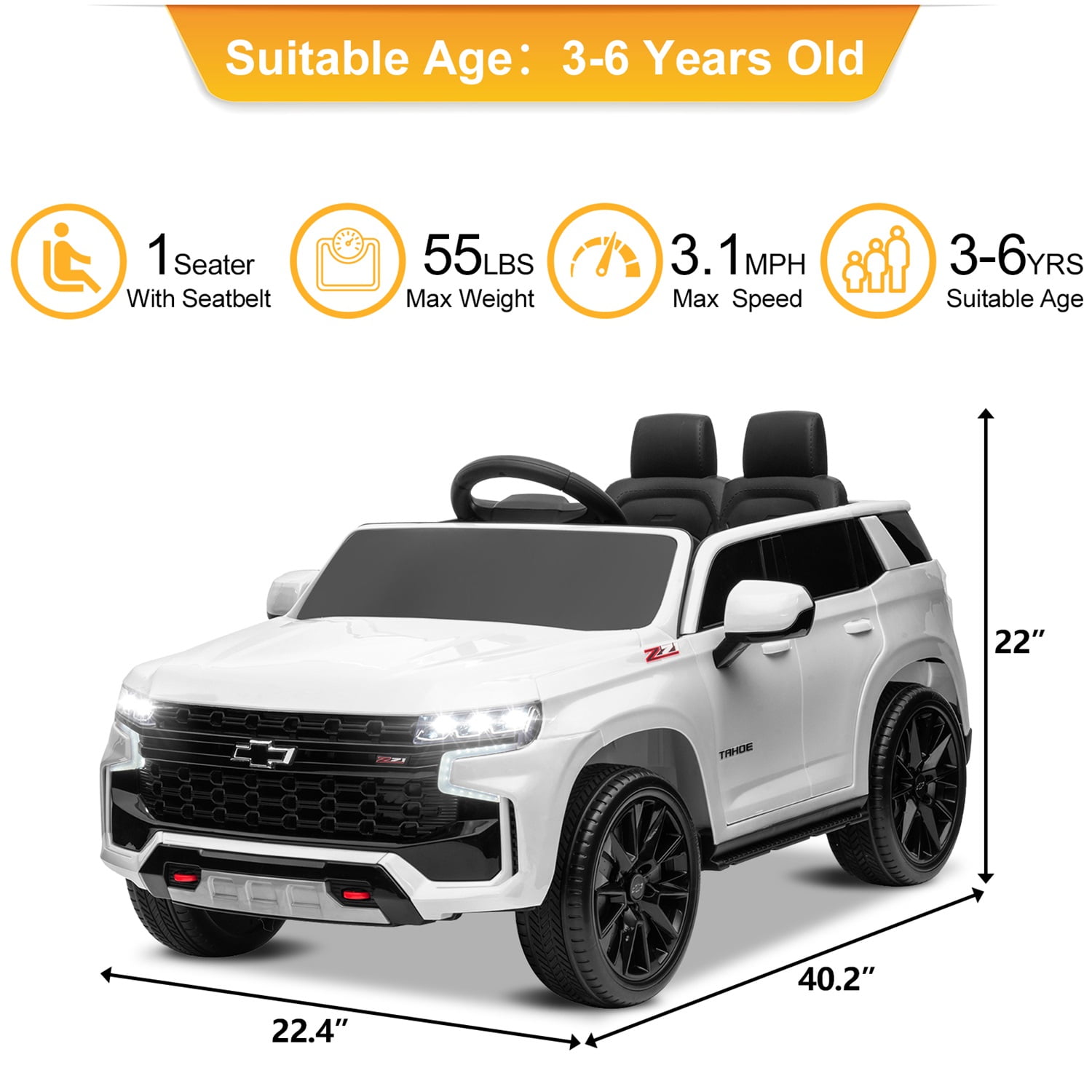 CIPACHO HL588 Chevrolet Tahoe SUV 12V Ride On Car with Remote Control, Dual Drive 2 Seater Electric Car Toy for Kids, 3 Speeds, White