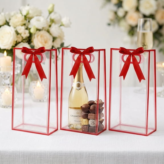 12 Pcs Clear Gift Bags with Handles 7.1"x10.2"x3.2" Plastic Party Favor Bag with Ribbon Reusable Goodie Bags Transparent Gift Wrap Bag Bulks for Christmas Bridal Wedding Birthday (Red)