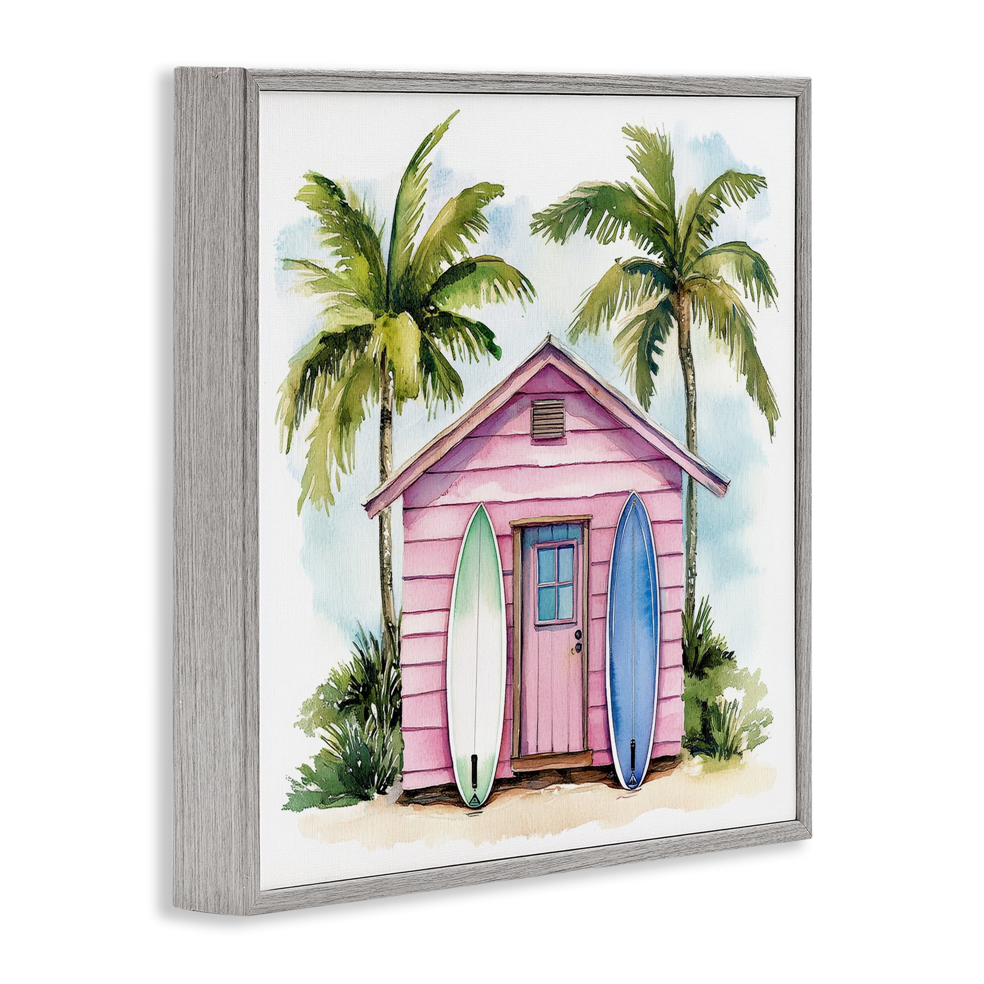 Stupell Industries Surf Shack Under Palms Gray Framed Giclee Art, design by Petal Prints Design