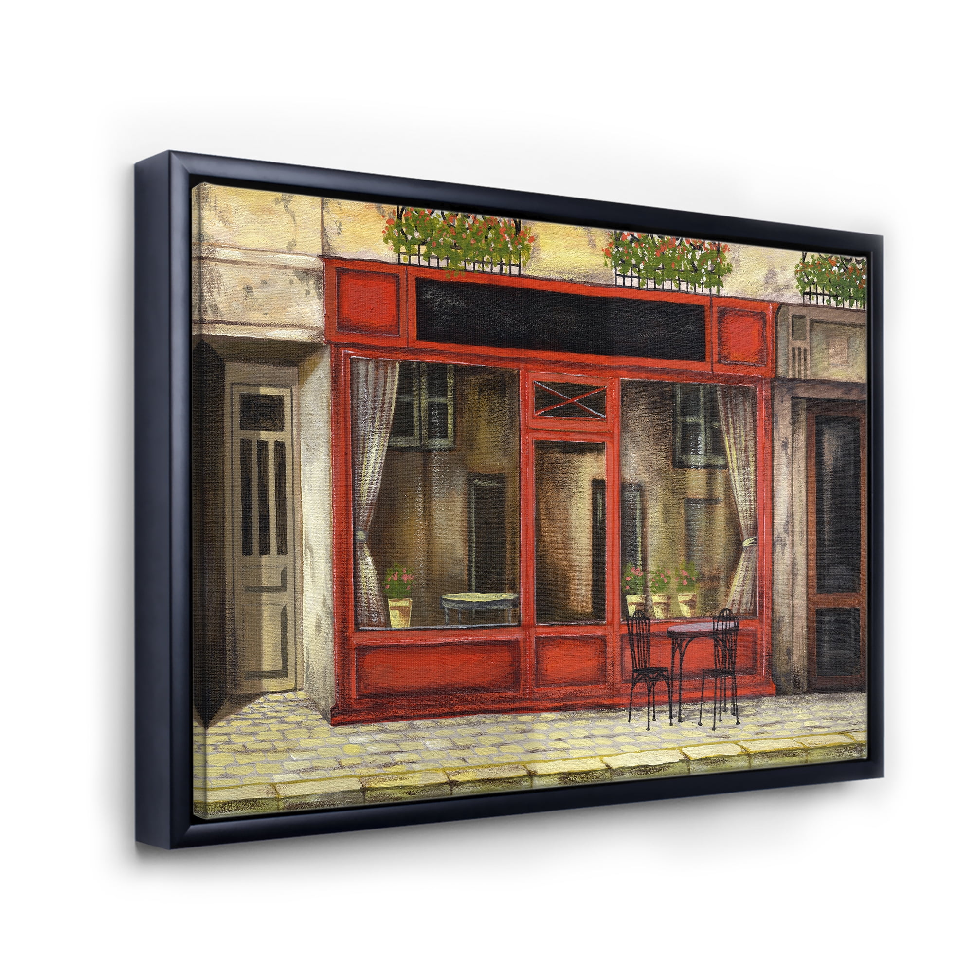 Designart 'Red Facade of Charming Shop In Paris Street I' French Country Framed Canvas Wall Art Print