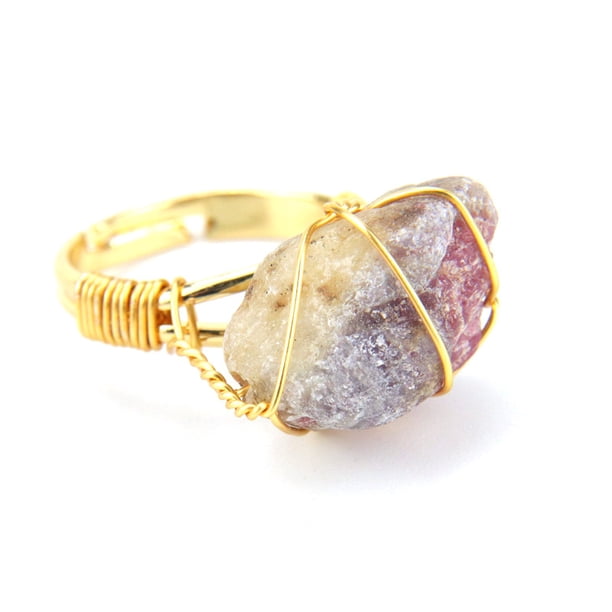 Xiao Hua Anillo natural hecho a mano, adecuado tanto para hombres como para mujeres, con alambre de cobre de piedra natural envuelto alrededor del anillo ajustable de apertura hecho a mano (color)