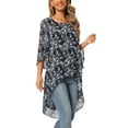 thumbnail image 4 of INSPIRE CHIC Women's Round Neck 3/4 Ruffle Split Sleeve High Low Asymmetrical Chiffon Tunic Blouse Black White Floral L, 4 of 6