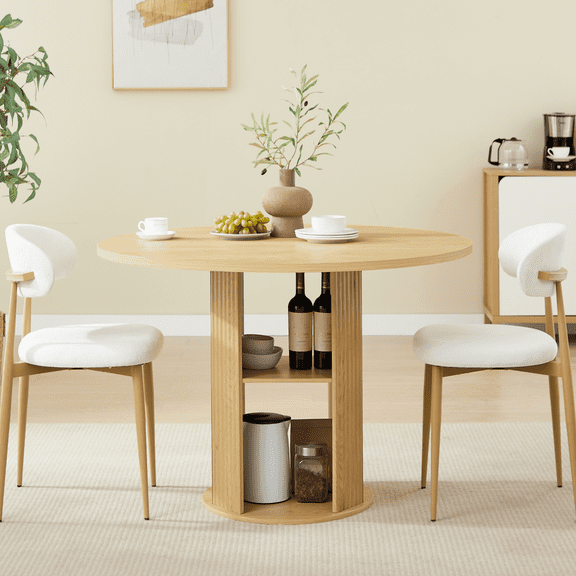 3-Piece Round Dining Table Set with 2 Upholstered Chairs, 47 Inch Kitchen Table for 2-4, Circle Dining Room Table Set with 2-Tier Storage Shelf, Wood Top Metal Frame for Small Spaces, Natural