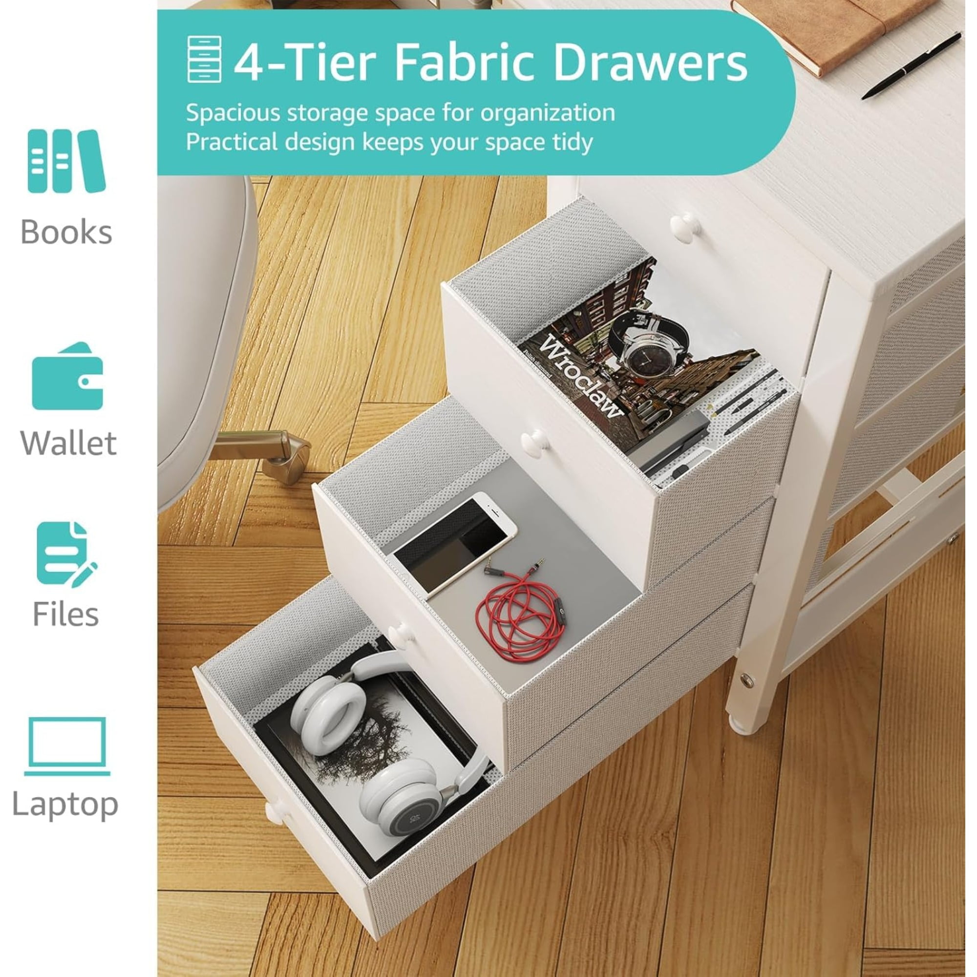 JEZWX 40" White Small Desk with Fabric Drawer for Kids Girls
