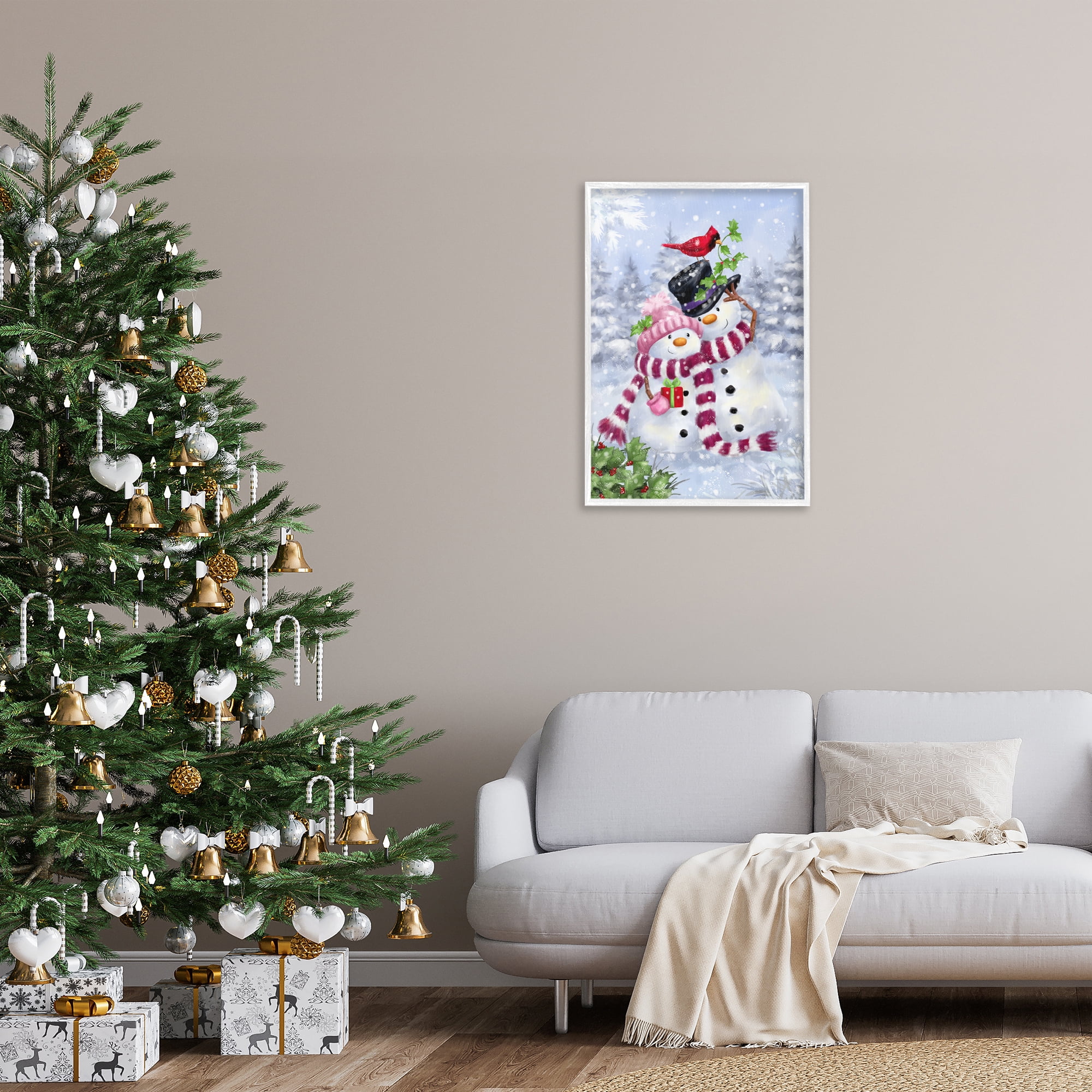 Stupell Industries Happy Snowman & Cardinal Holiday Painting White Framed Art Prints Wall Art, 20 x 30
