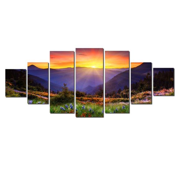 Startonight Huge Canvas Wall Art Sunrise Behind The Mountains, Home Decor, Dual View Surprise Artwork Modern Framed Wall Art Set of 7 Panels Total 39.37 x 94.49 inch