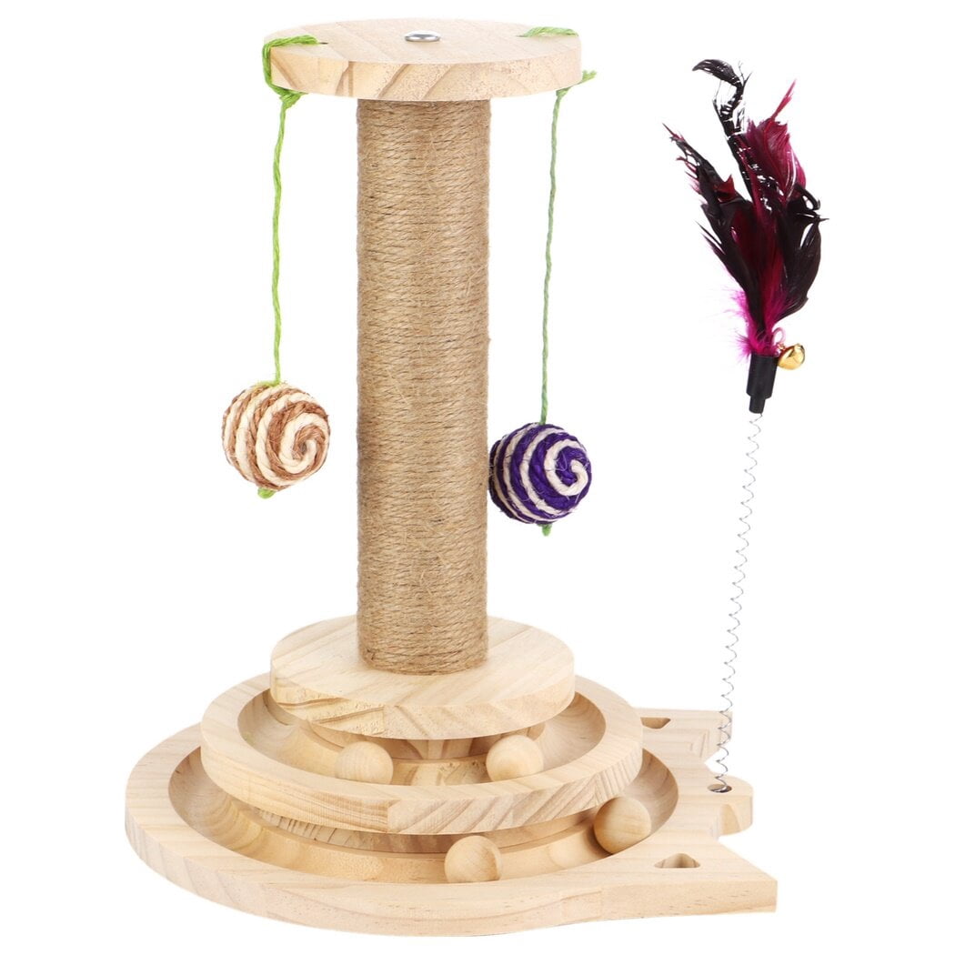 Sisal Scratcher Toy with Hanging Balls& 2-Tier Tracks, Wooden Cat Scratching Post, Interactive Cat Toy for Indoor Cats, Kittens