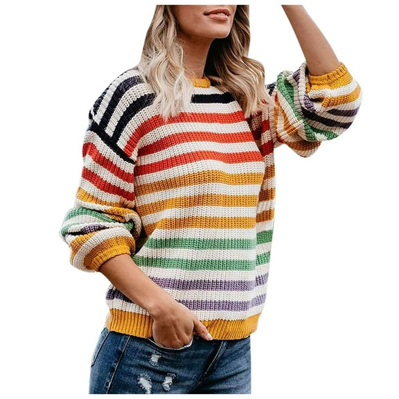Fesfesfes Women Sweaters Rainbow Striped Round-necked Long-sleeved Knitted Pullover