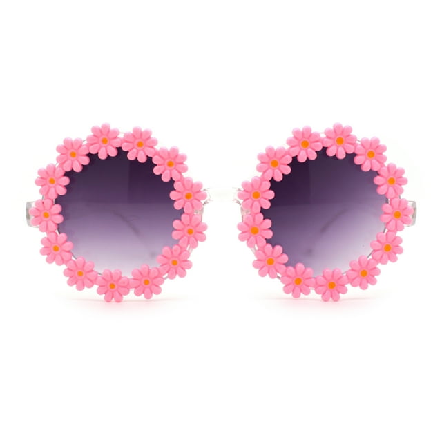 Lunettes de Soleil Hippie pour Femmes avec Bordure de Fleurs de Marguerite, Verres Ronds, Rose Fumée