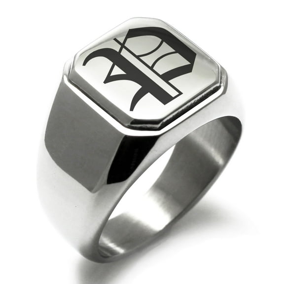 Tioneer Stainless Steel Letter P Initial Old English Monogram Engraved Engraved Square Flat Top Biker Style Polished Signet Ring