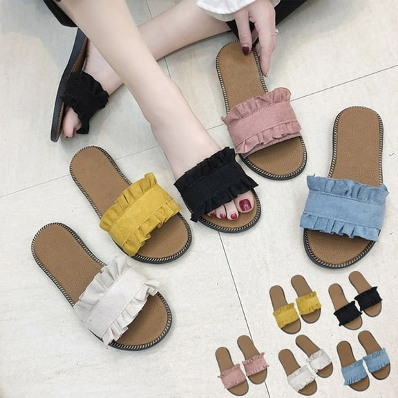 Jacenvly 2024 New Flip-Flops Women's Lace Flip-Flops Casual Flat Over Women's Slippers Beige Sandals for Women