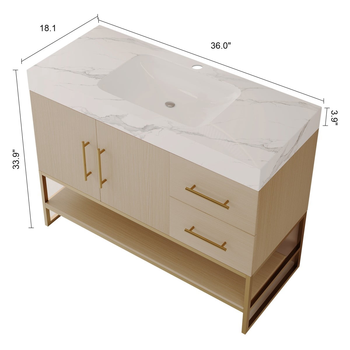 36" Bathroom Vanity with Sink, Freestanding Bathroom Vanity Cabinet with Sintered Stone Top, Seamless Ceramic Basin, Gold Stainless Steel Legs, Storage Drawers & Open Shelf, White &Wood