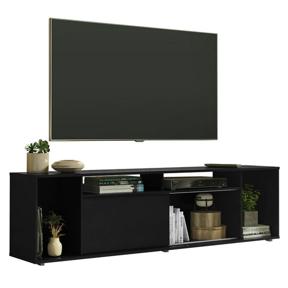 Madesa Entertainment Center with 1 Sliding Door and 5 Shelves, TV Stand for TV's up to 80 Inches, Wood, 20'' H x 14'' D x 71'' L - Black