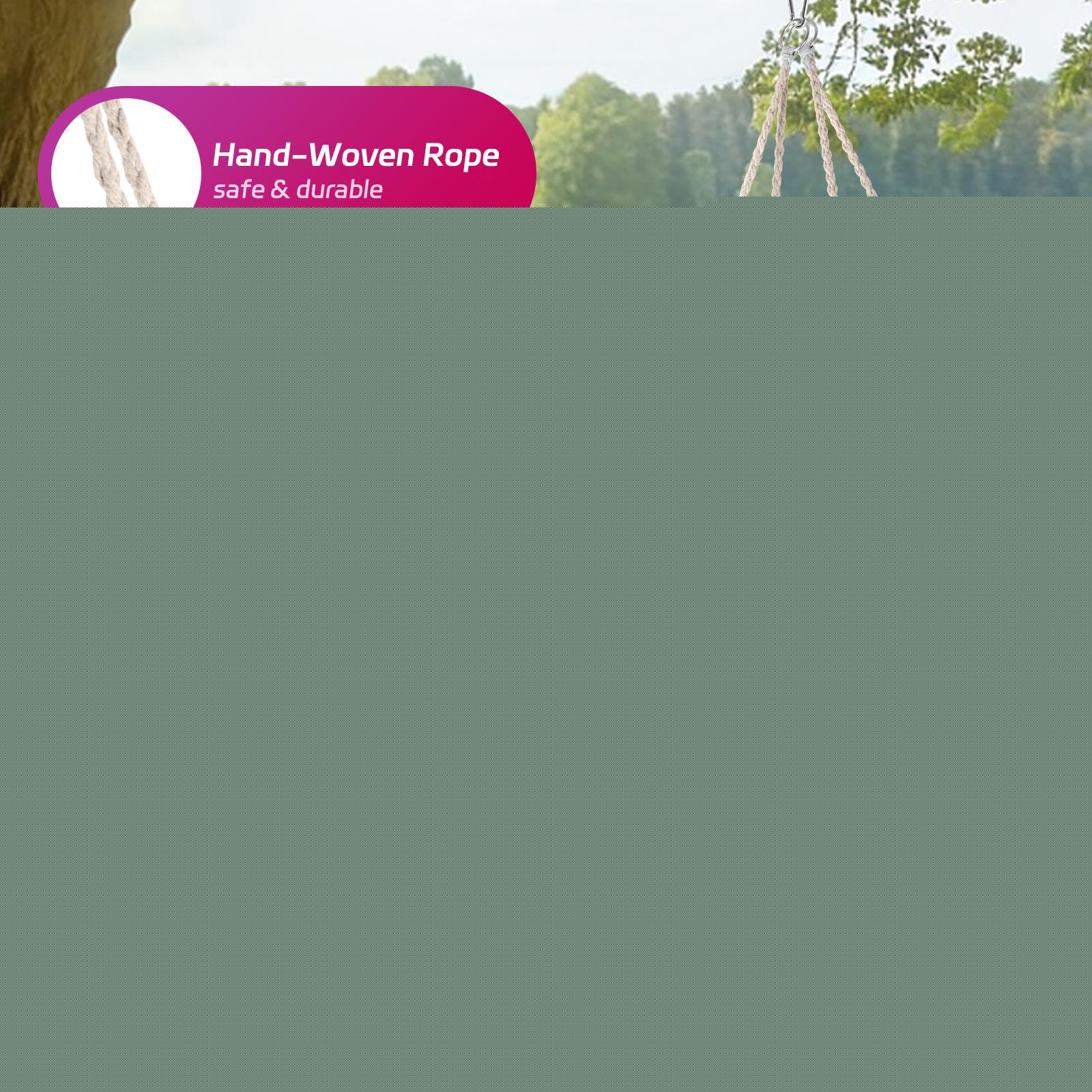 thumbnail image 4 of Hanging Chair,Handwoven Cotton Rope Hammock Cradle Chair with Soft Cushion and Mounting Hardware,330 Pounds Capacity Swing Chair for Bedroom,Living Room,Yard,Garden,Balcony,Indoor/Outdoor,Beige, 4 of 6